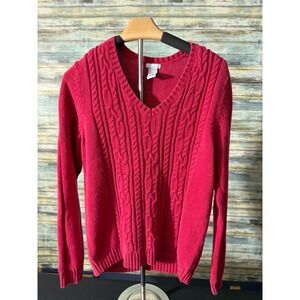IZOD Golf Sweater Size M Pink Excellent Cable Knit V-Neck Cotton Pullover Womens